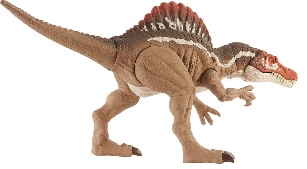 Mattel Jurassic World Spinosaurus jaw action with push-button bite for dramatic play.