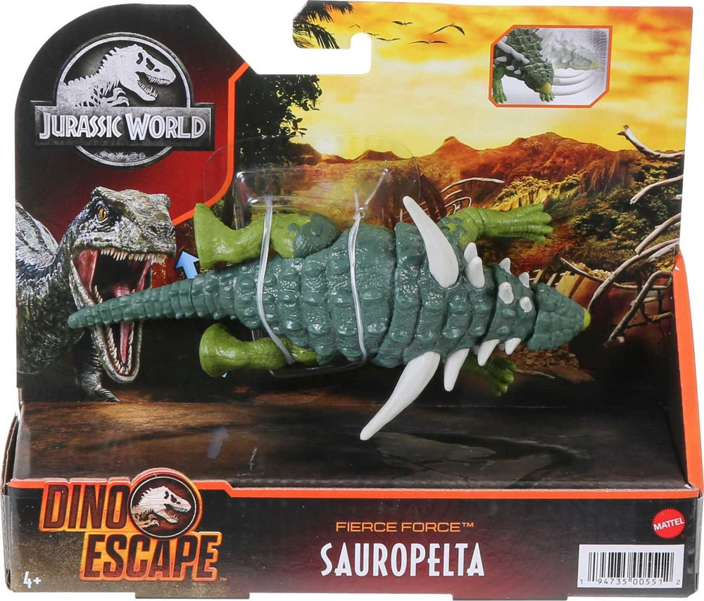 Mattel Jurassic World Fierce Force Sauropelta supports imaginative play across ages 3 and up.