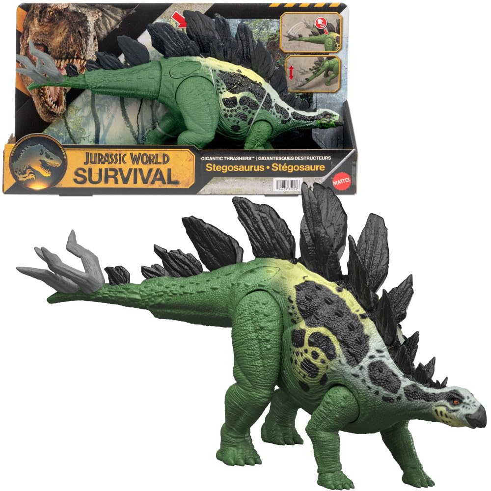Mattel Jurassic World Gigantic Thrashers Stegosaurus with side-swipe tail attack for dynamic play.