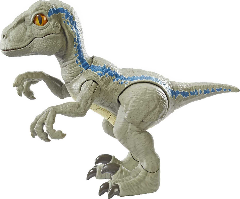 Mattel Jurassic World Primal Pal Blue back press activates lifelike movement for dramatic play.