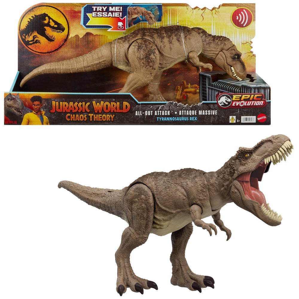 Mattel Jurassic World T. rex all-out attack figure for exciting, interactive play.