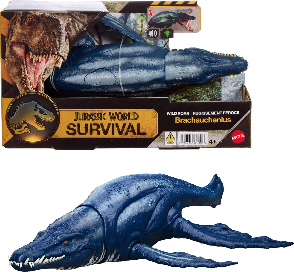 Mattel Jurassic World Wild Roar Brachauchenius attacks with chomping motion.