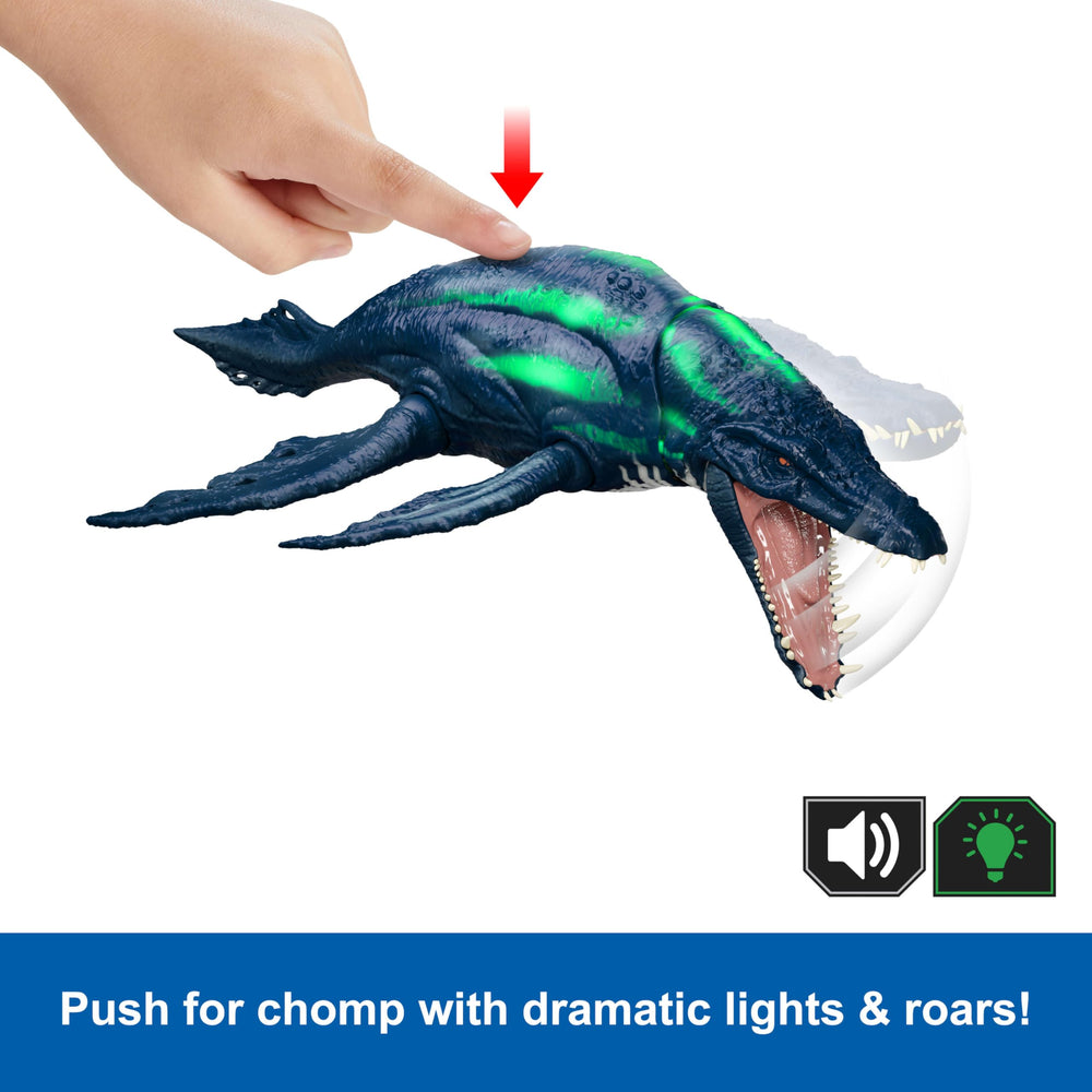Mattel Jurassic World Wild Roar Brachauchenius roars with sounds for immersion.