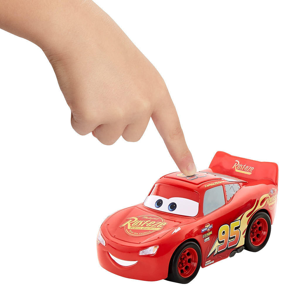 Side-detail view of Mattel Disney Cars McQueen with authentic character styling.