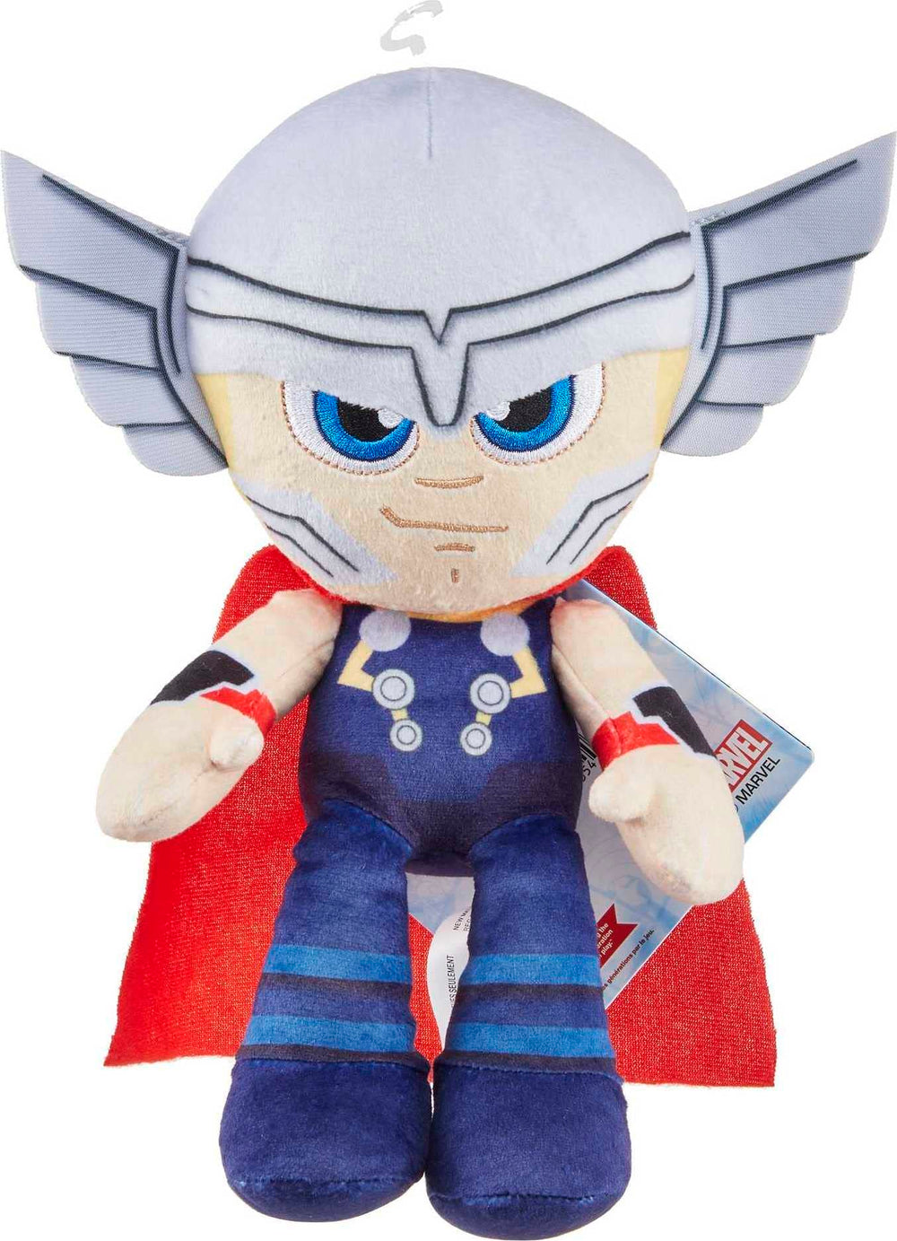 Collectible details emphasize metallic shimmer and boots on the Thor plush.
