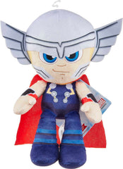 Collectible details emphasize metallic shimmer and boots on the Thor plush.