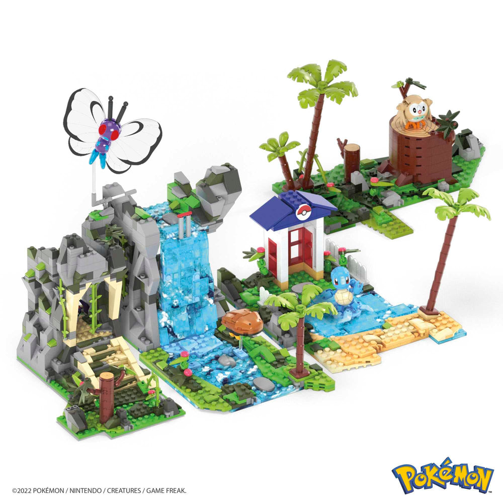 Mattel MEGA Pokémon Jungle Voyage waterfall mountain area encourages dynamic play and discovery.