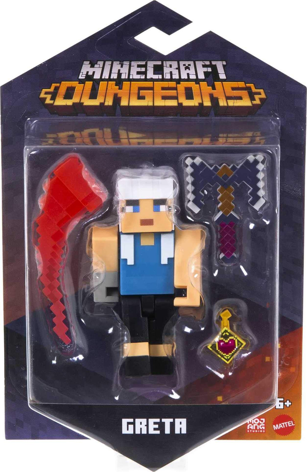 Mattel Minecraft Dungeons Greta packaging keeps figure and accessories organized.