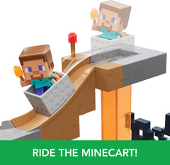 Minecart ride action captured in Mattel Minecraft Mini Mode set