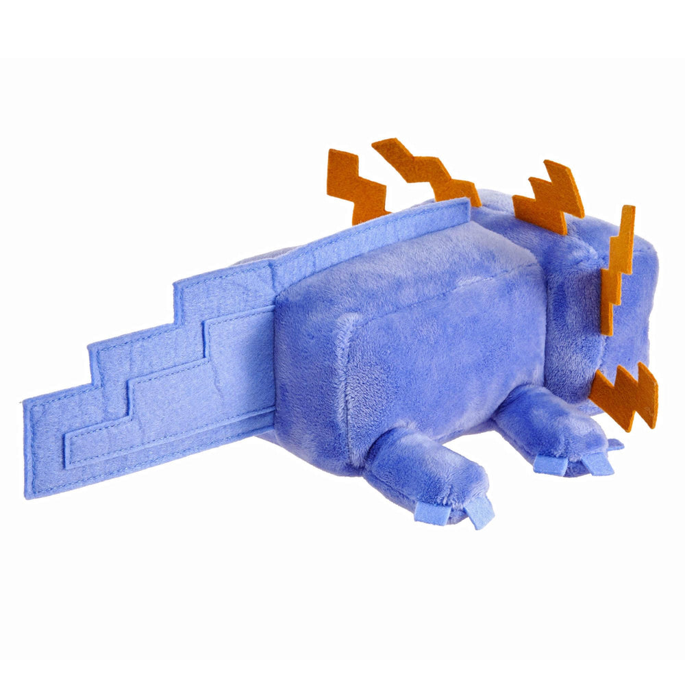 Mattel Minecraft blue axolotl plush textile detail highlights pixel accents.