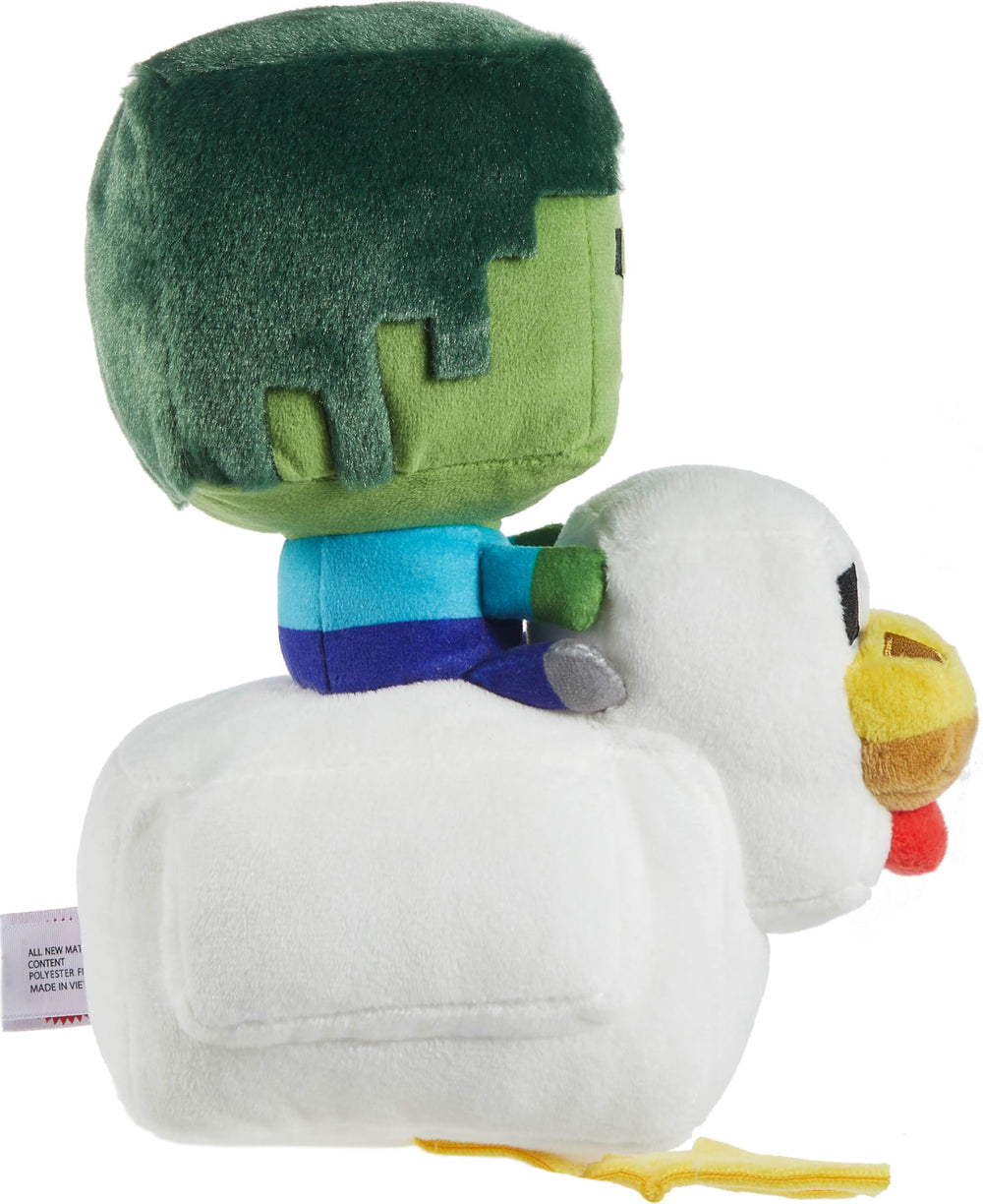 Mattel Minecraft Plush Zombie Chicken Jockey closeup on textured fabric