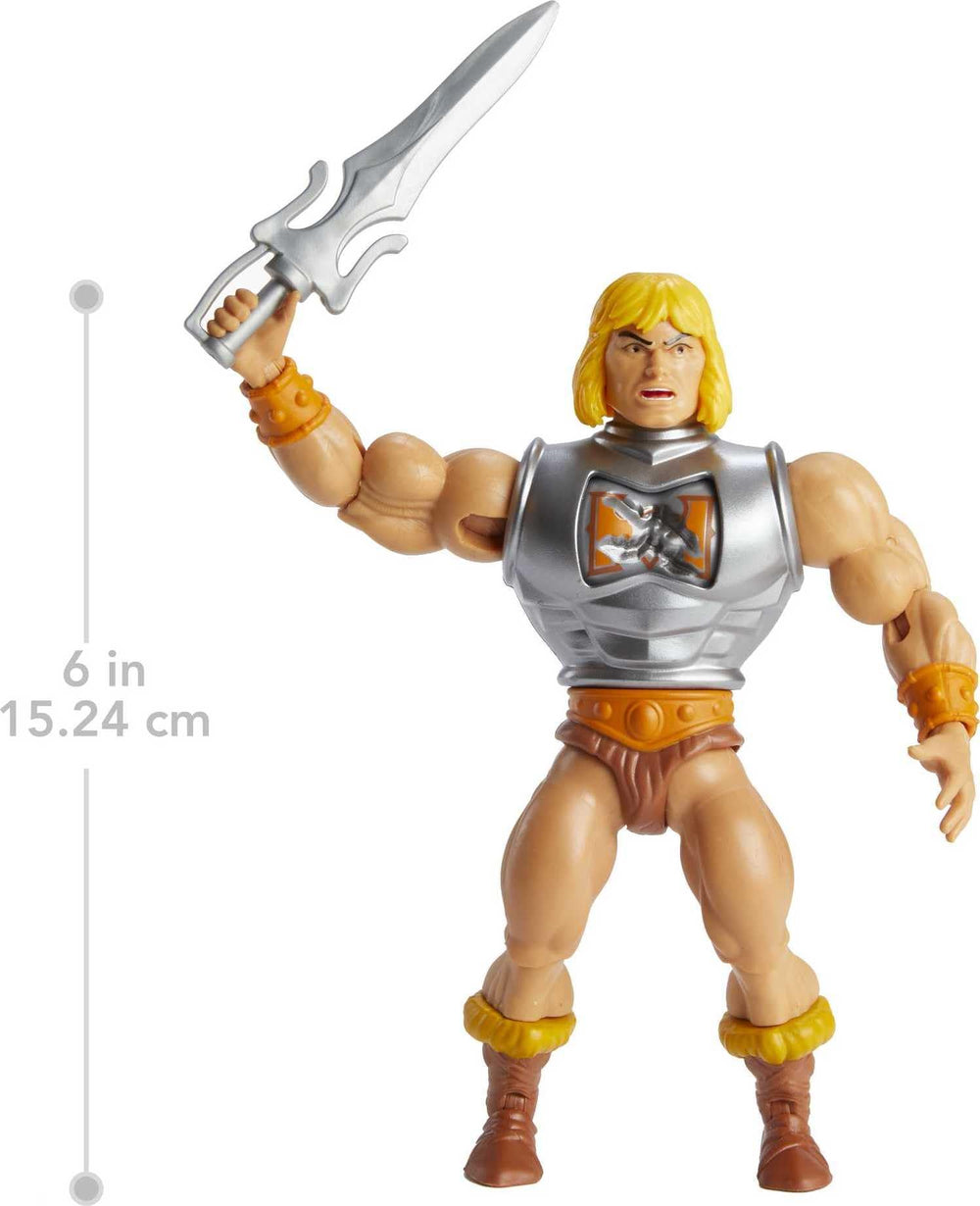 Mattel MOTU Origins He-Man swappable head lets expressions change for storytelling.