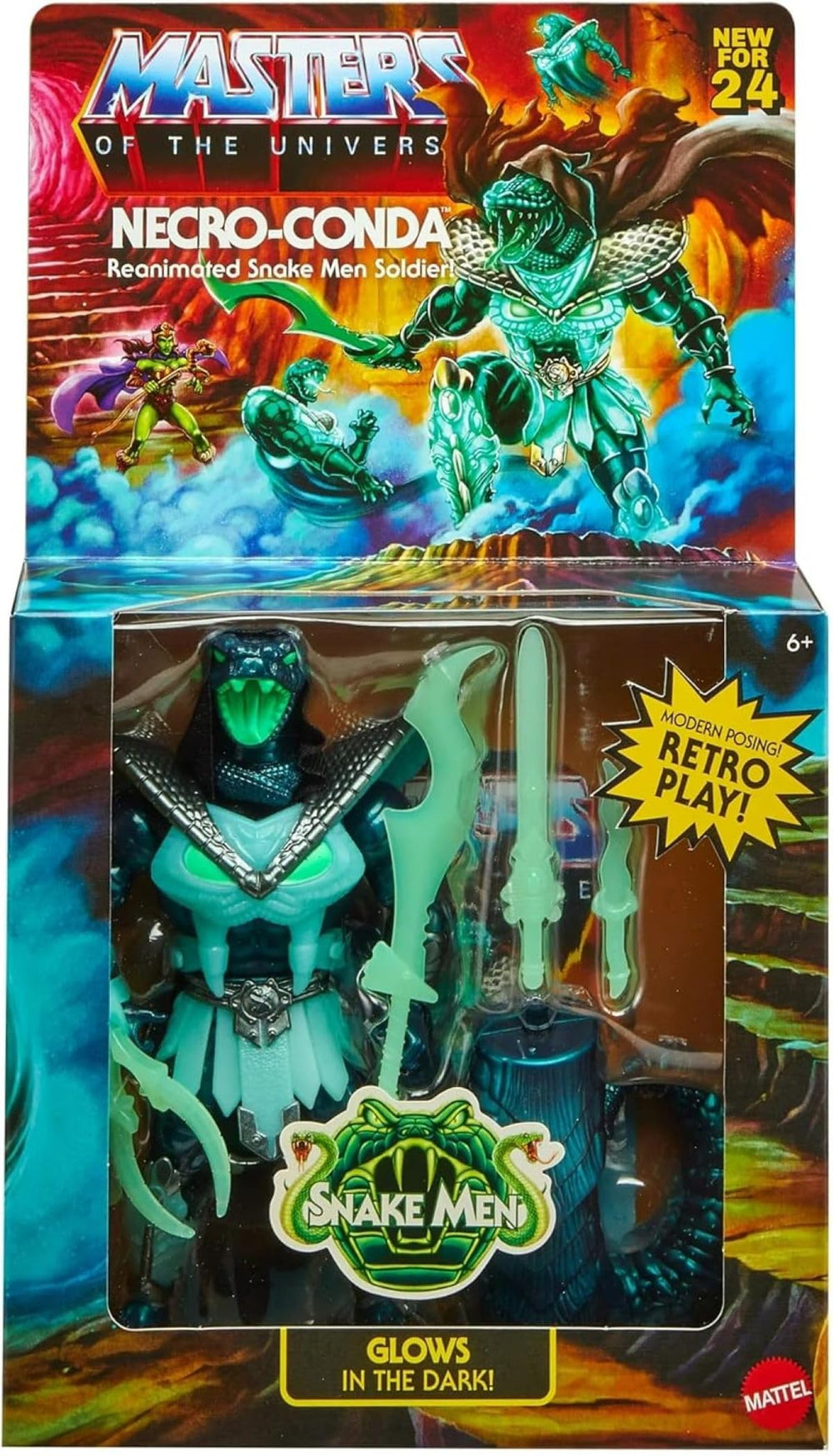 Mattel MOTU Origins Necro-Conda glows in the dark after light exposure for dramatic display.
