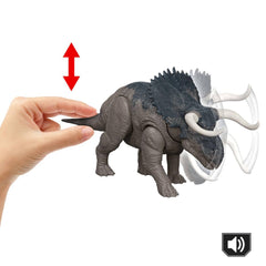 Mattel Nasutoceratops movable joints for lifelike poses.