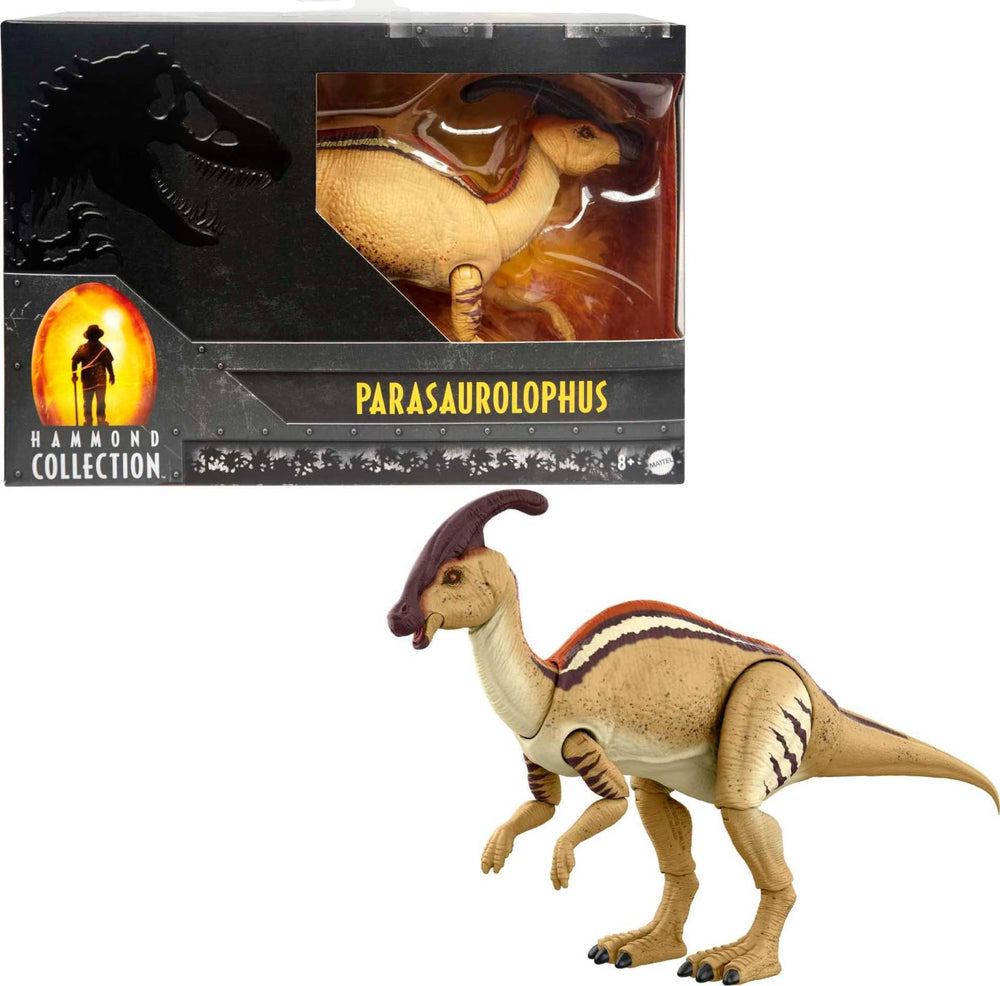 Mattel Parasaurolophus figure, 12 inches long, perfect for dramatic Jurassic World displays.