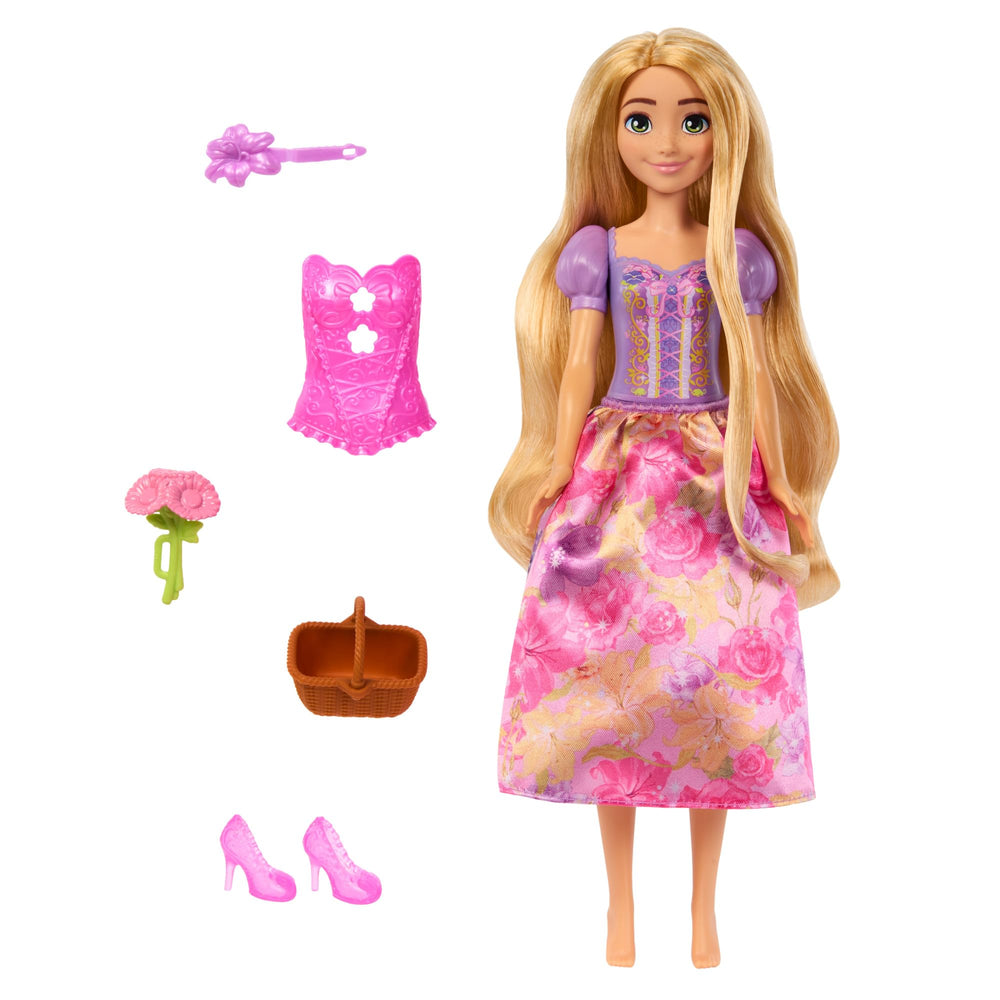 Mattel Rapunzel Spin & Reveal doll cannot stand alone; use backdrop for display.