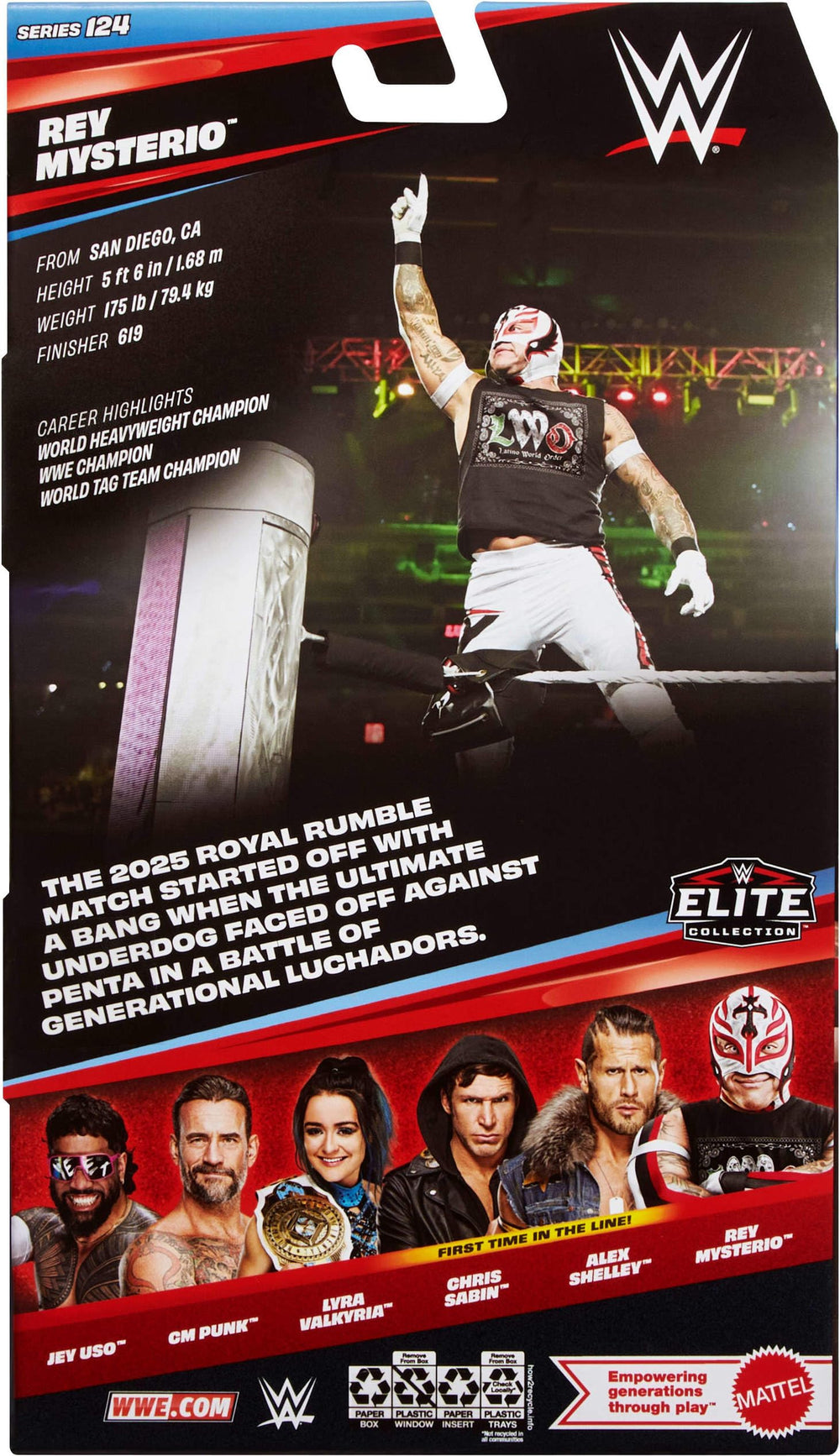 Packaging and display-ready Rey Mysterio Elite figure
