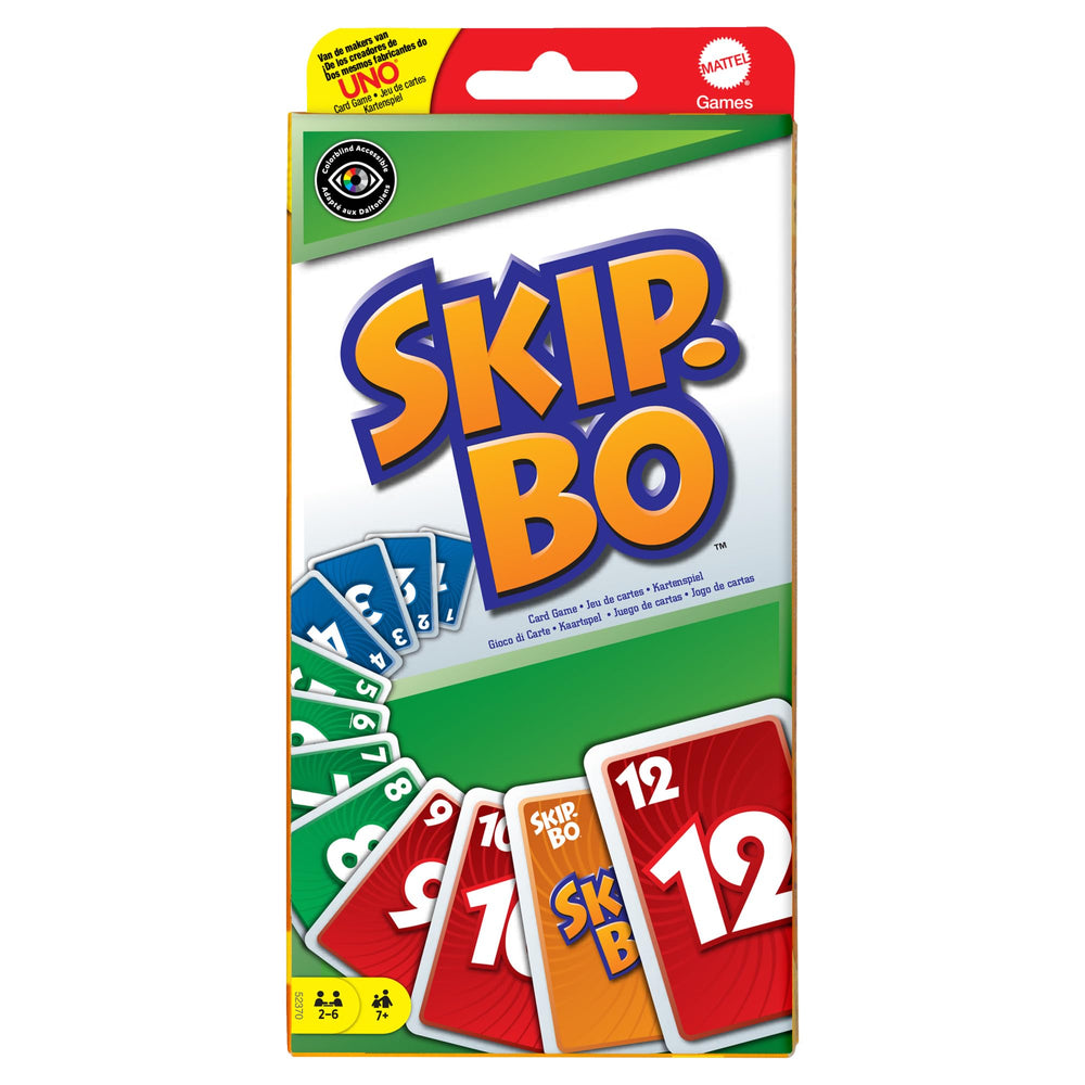 Mattel Skip-Bo card game packaging shows easy setup for family play