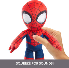 Mattel Spider-Man Plush Talkers printed graphics showcase signature suit details for collectability.