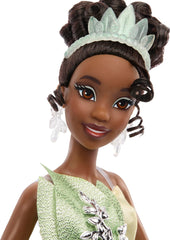 Mattel Tiana dress satin metallic detail highlights princess-like elegance for display.