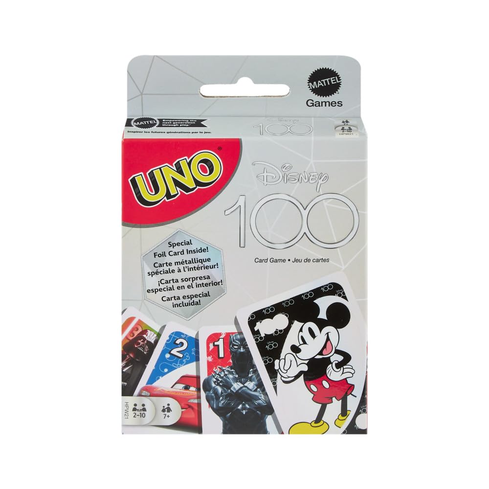 Mattel UNO Disney 100 front cover shows colorful deck for family game night