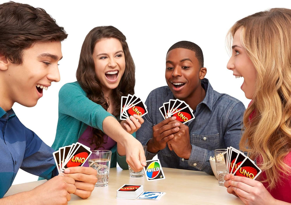 Mattel Uno Flip wild card action at a lively table.
