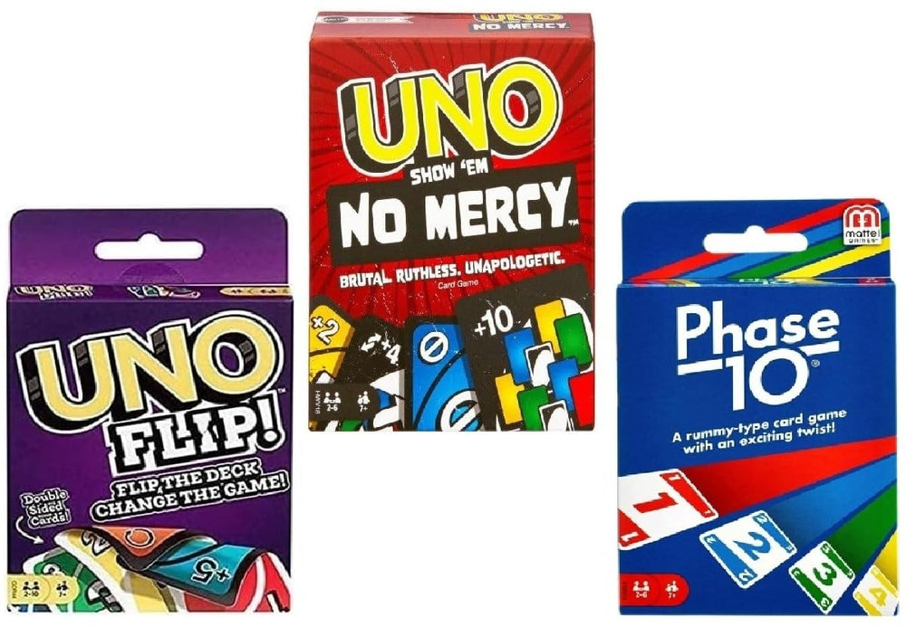 Mattel Uno No Mercy pack front view, ideal for quick rounds and party readability