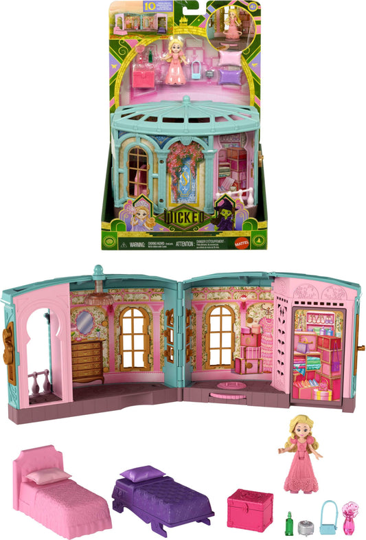 Mattel Wicked dorm playset with Glinda doll for imaginative storytelling.
