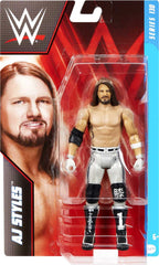 Mattel WWE Aj Styles packaging display suitable for shelf-ready collection.