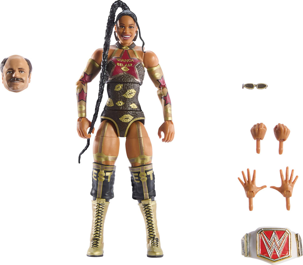 Mattel WWE Elite Bianca Belair WrestleMania figure front view showing pose and accessories.