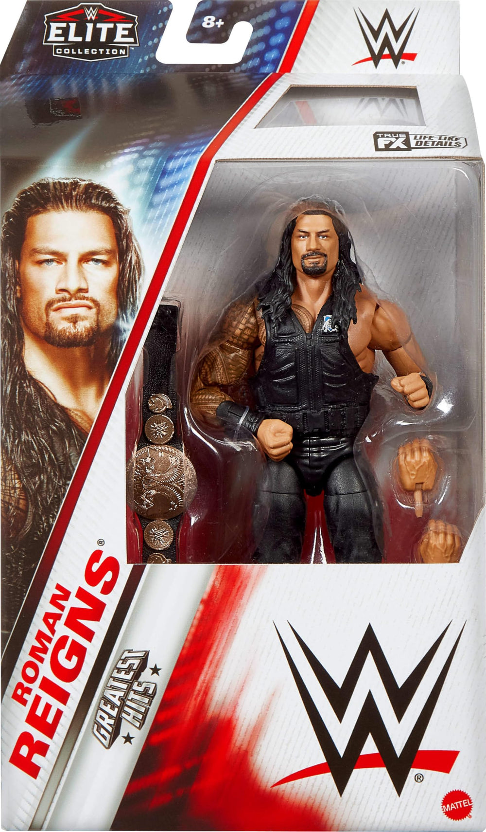 Mattel WWE Elite Roman Reigns with 25 articulation points for versatile posing.