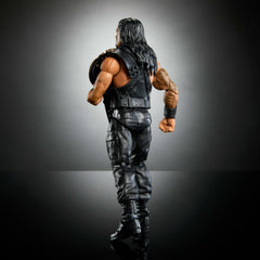 Mattel WWE Elite Roman Reigns packaging and stand ready for shelf display.