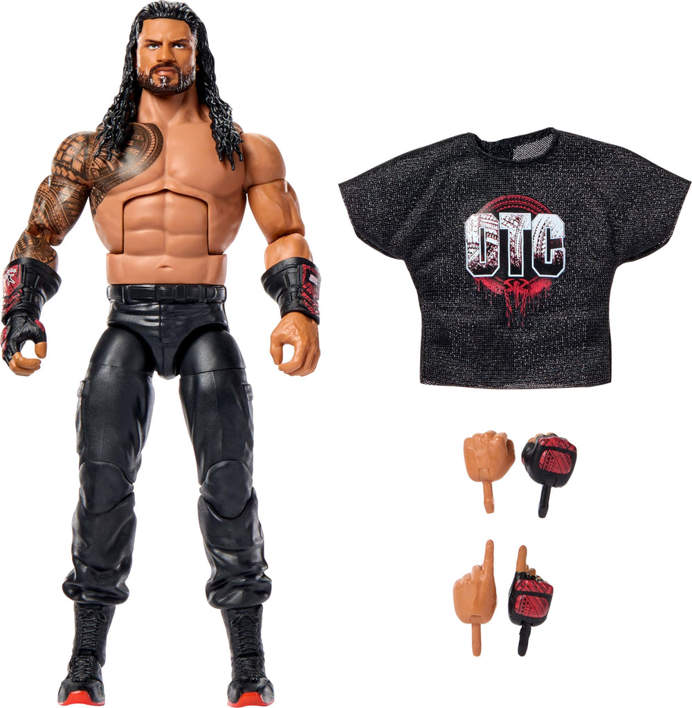 Mattel WWE Elite Roman Reigns figure front view with detailed sculpt for display.