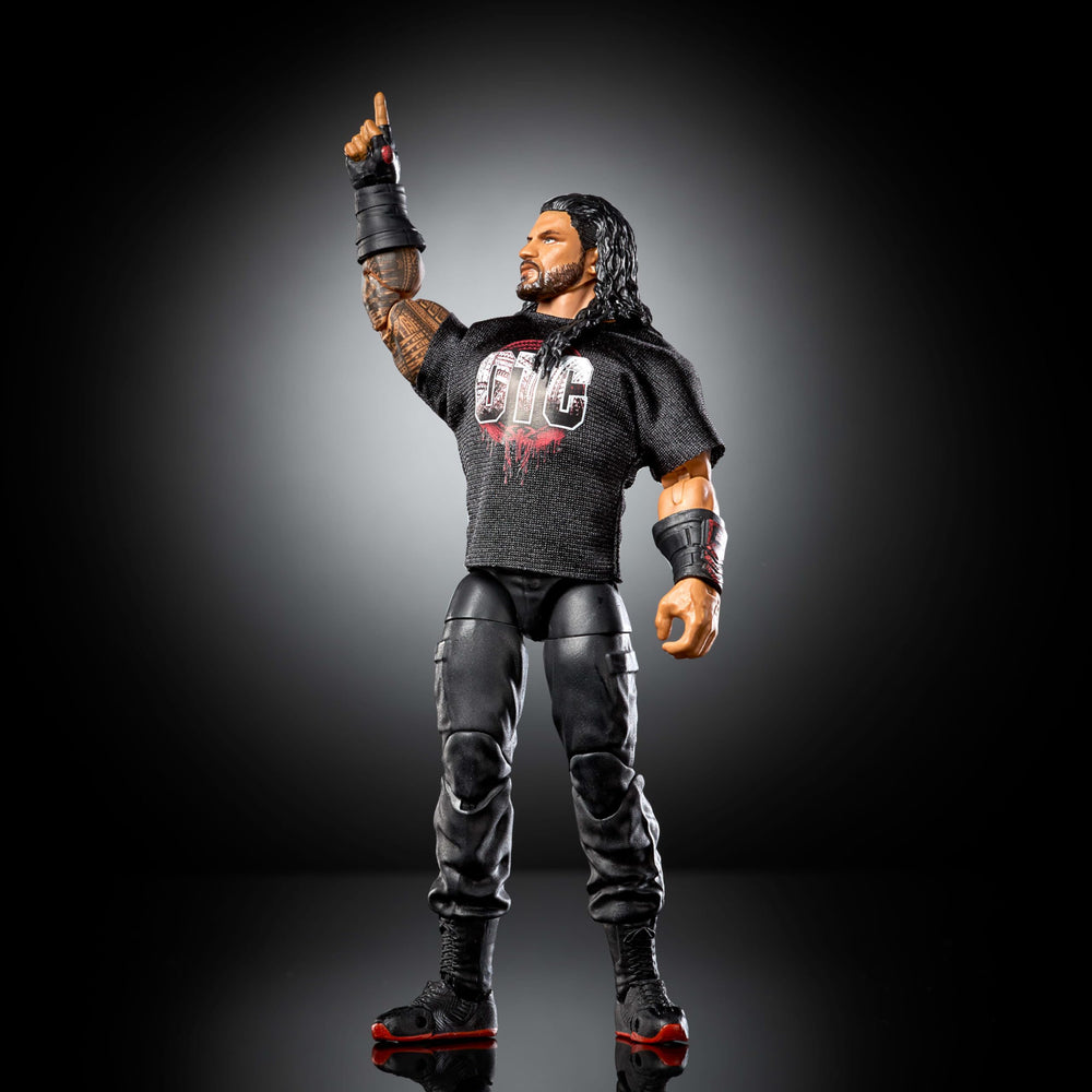 Mattel WWE Elite Roman Reigns figure with swappable hands and accessories for flexible play.