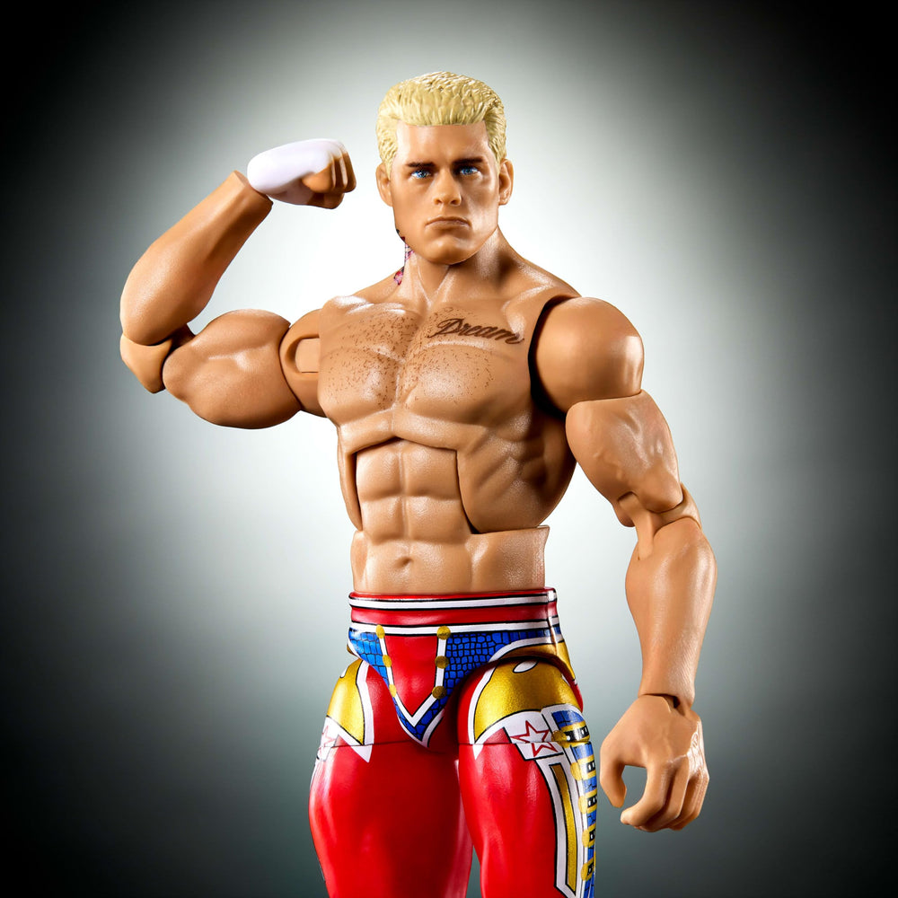 Mattel WWE Elite Cody Rhodes ring gear demonstrates authentic accessories for play.