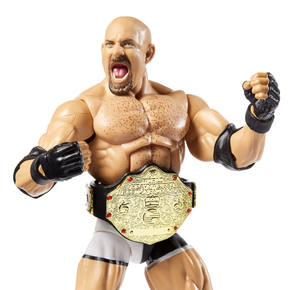 Mattel WWE Goldberg Elite Series 74 articulation for dynamic posing and play.