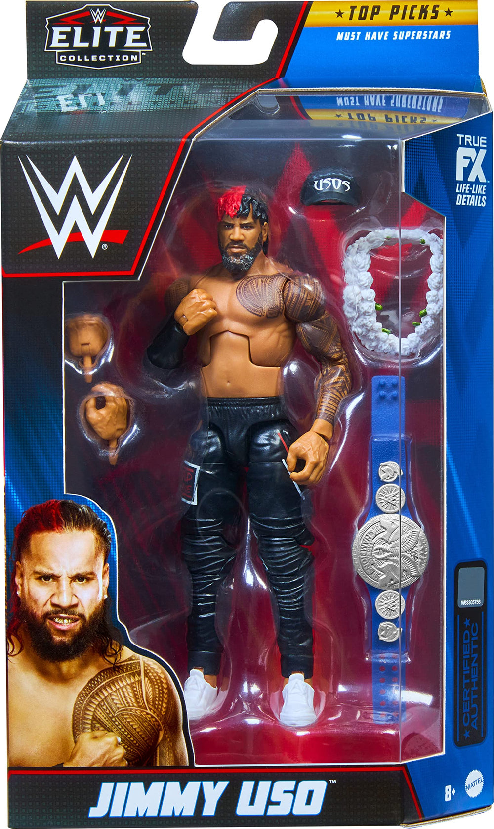 Mattel WWE Jimmy Uso Top Picks Elite detailed sculpt for lifelike appearance