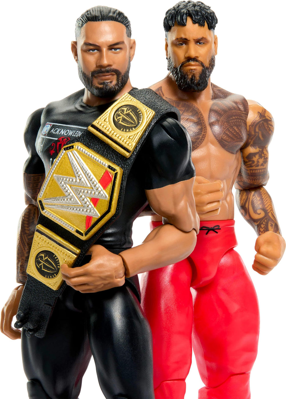 Mattel WWE Main Event ring-gear closeup shows authentic fabrics for display.