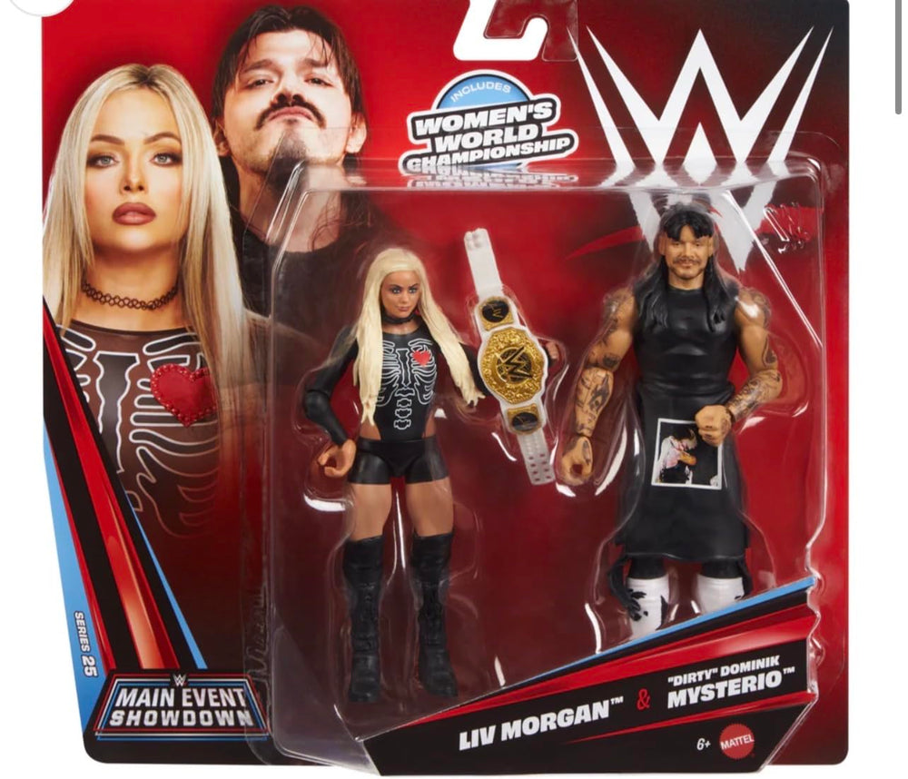 Mattel WWE Main Event Showdown 2-Pack with Dominik Mysterio and Liv Morgan for dynamic posing and display