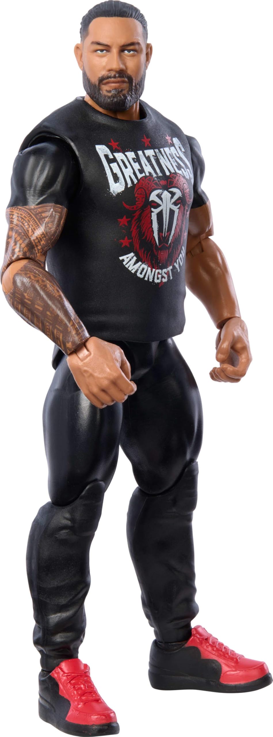 Mattel WWE Roman Reigns ring-gear detail close-up emphasizes authentic design.