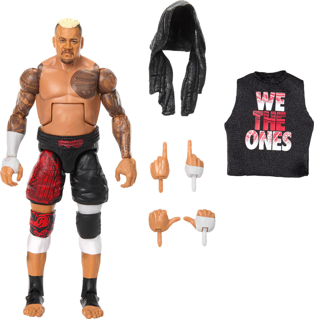 Mattel WWE Solo Sikoa figure front view with detailed TrueFX facial features for display.