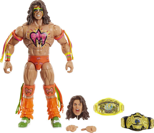 Mattel WWE Ultimate Warrior figure in authentic entrance gear for dramatic posing.