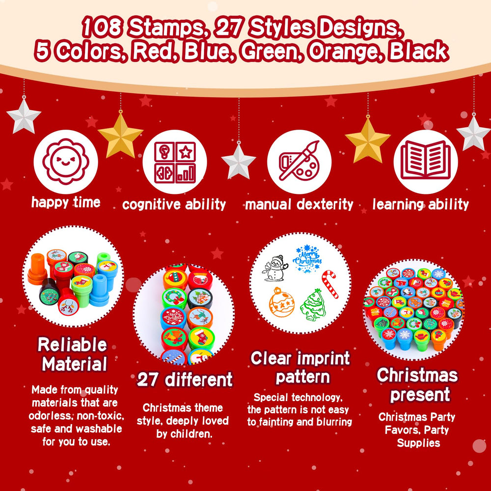 Max Fun 108Pcs Christmas Stamps color variants in five vibrant hues.