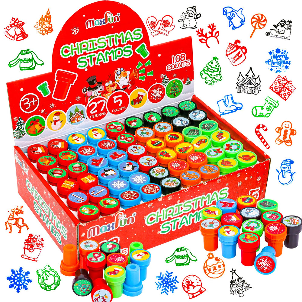 Max Fun 108Pcs Christmas Stamps designs showcase 27 options for party favors.
