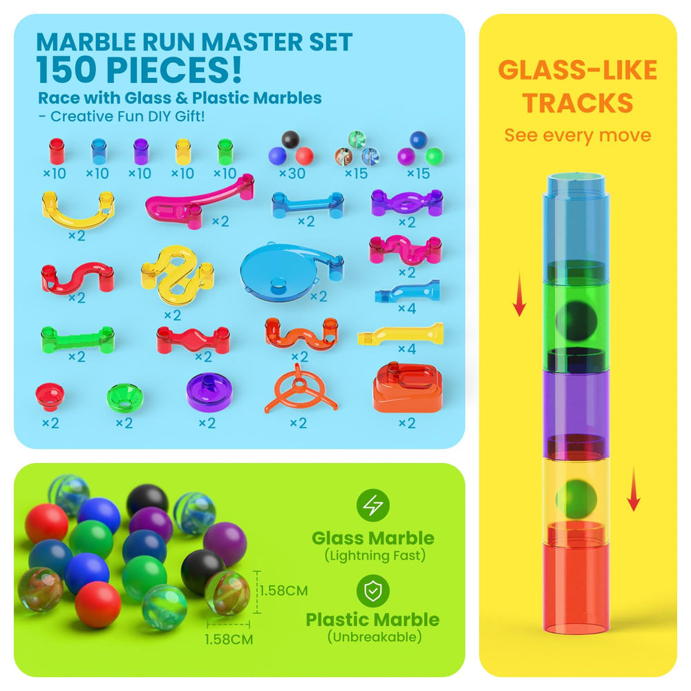 MaxTronic marble run 150pcs transparent track highlights marble path visibility