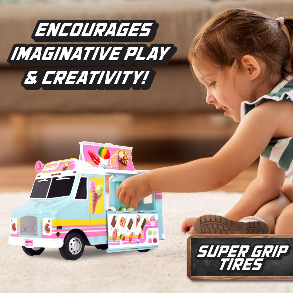 Maxx Action ice cream truck lights and sounds for interactive dessert play.