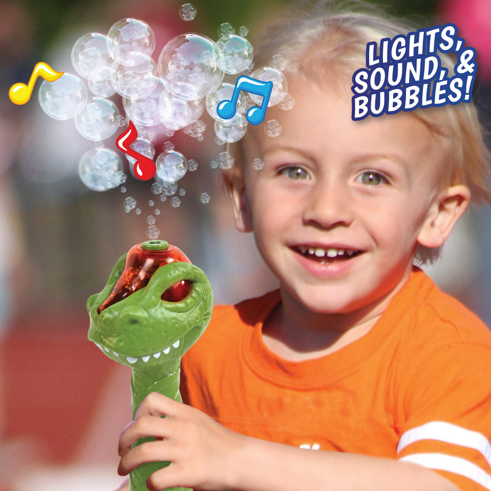Maxx Bubbles Dinosaur Wand with flashing lights for day and night play.