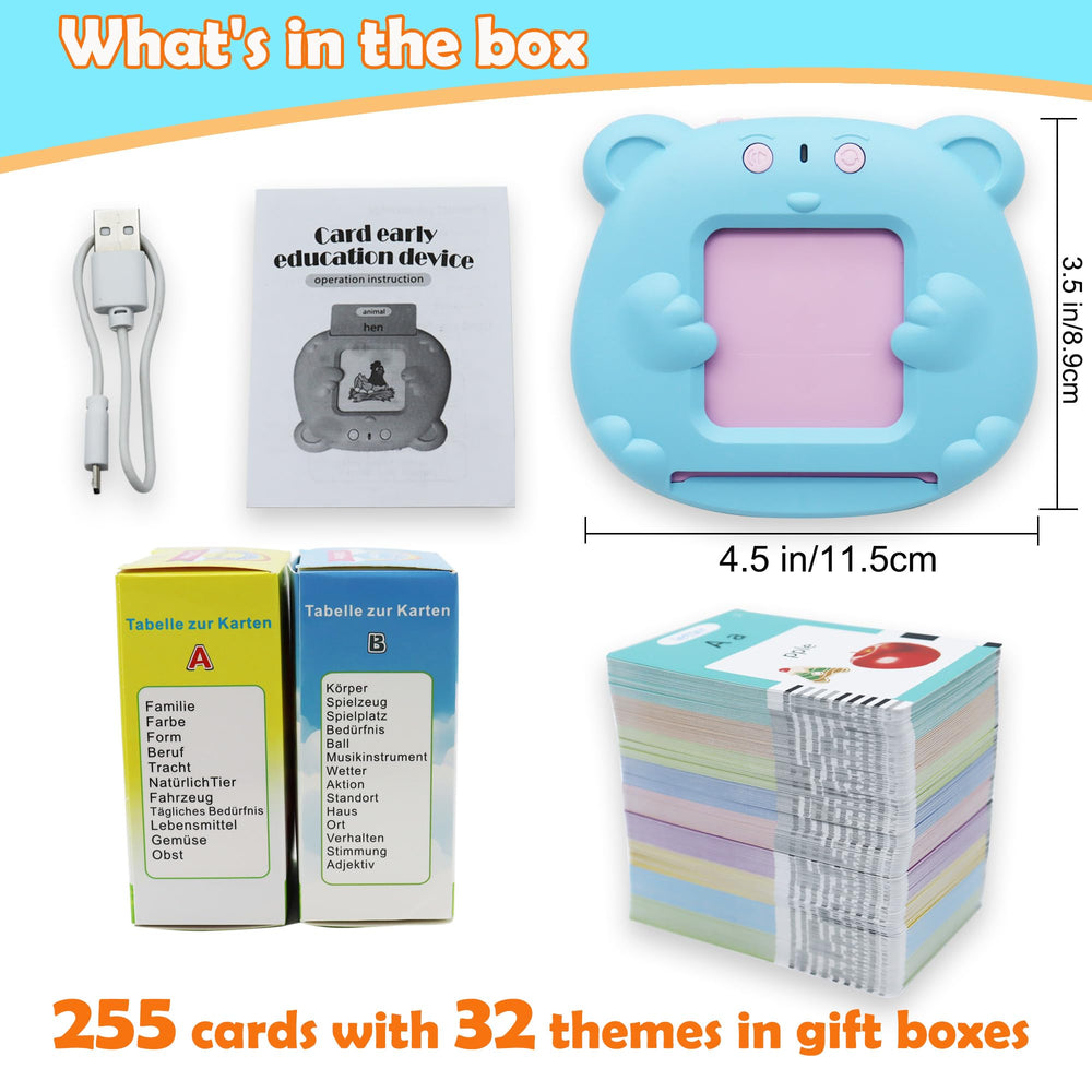 MAYAPHILOS bilingual flashcards with child learning scene for German and English.