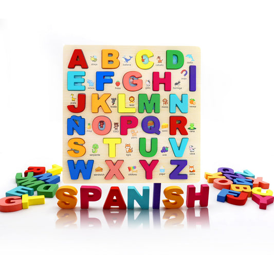 MAYAPHILOS wooden alphabet puzzle with 27 Spanish letters for early reading practice.