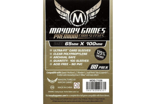 Mayday Games 7 Wonders sleeves pack shows 65x100mm size for card protection